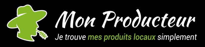 Logo Mon Producteur, version horizontale, blanc et vert sur fond noir (700 × 160 px)